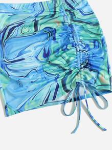 SHEIN ICON One Shoulder Marbled Print Top & Drawstring Side Skirt Set - Blue - View 5