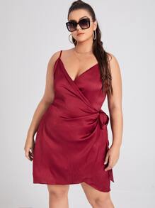 SHEIN Plus Tie Side Wrap Cami Dress - Burgundy - View 1
