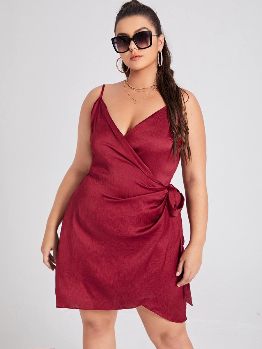SHEIN Plus Tie Side Wrap Cami Dress - Burgundy - View 1