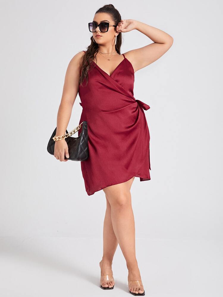 SHEIN Plus Tie Side Wrap Cami Dress - Burgundy - View 3