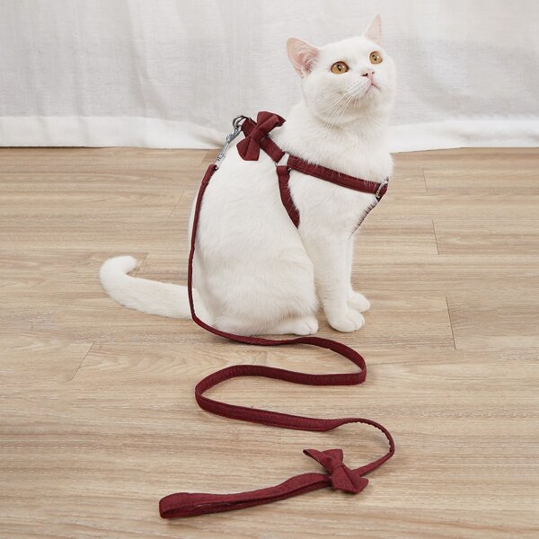 

1pc Bow Decor Pet Harness & 1pc Leash, Burgundy