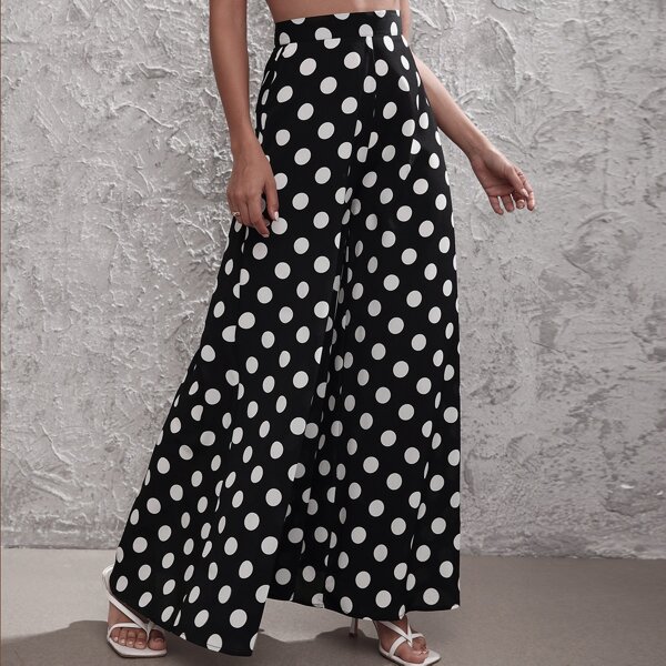

High Waist Polka Dot Wide Leg Pants, Black and white