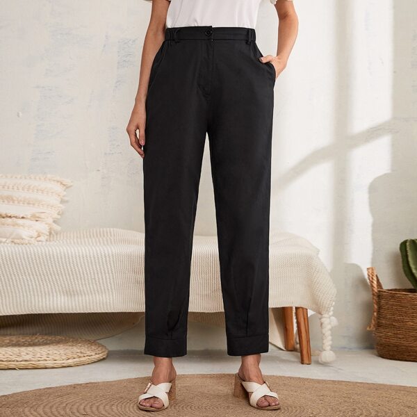 

Solid Slant Pocket High Waist Pants, Black