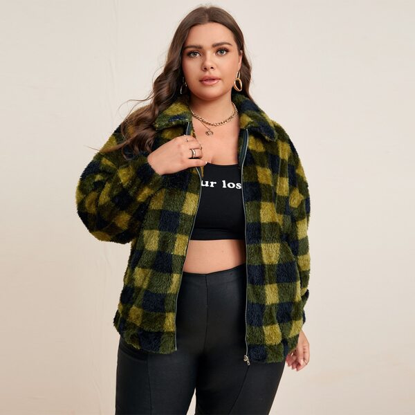 

Plus Buffalo Print Zip Up Drop Shoulder Teddy Jacket, Multicolor