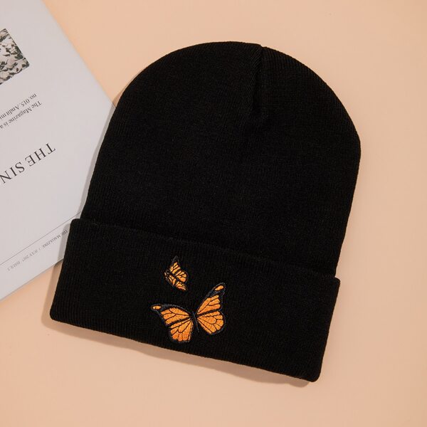 

Butterfly Embroidery Cuffed Beanie, Black