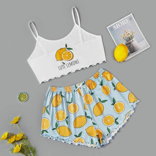 

Lemon & Letter Graphic Pajama Set, Multicolor
