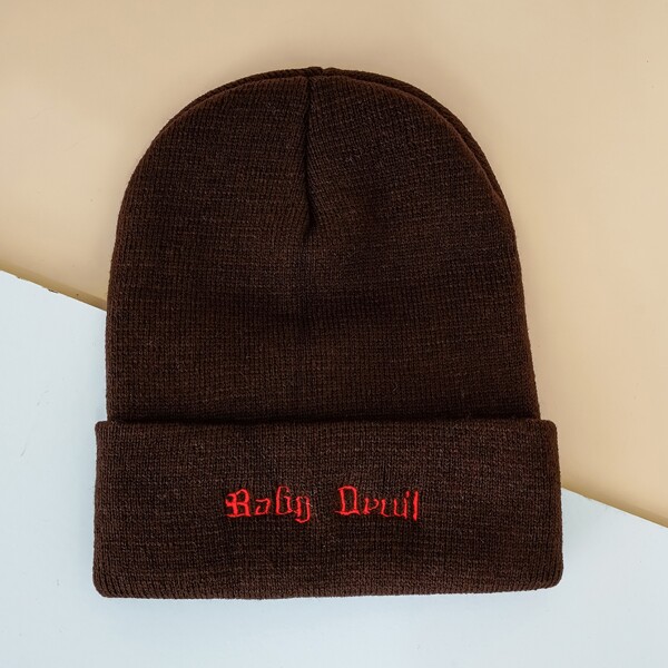 

Letter Embroidered Beanie, Coffee brown