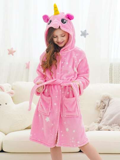 Tween Girl Pink Unicorn & Starry Sky Pattern Belted Sleep Robe
