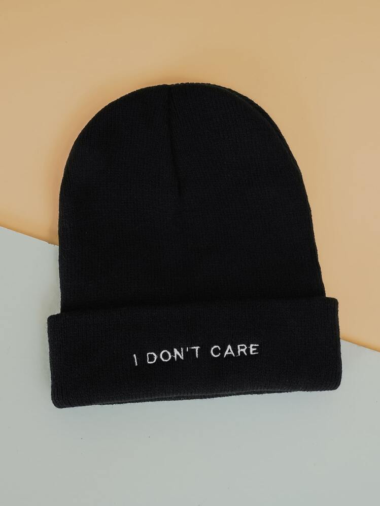 Gorro de esquí unisex de estilo Y2K con 1 pieza de letra bordada 'I Don't Care' en la calle, gorro de lana de punto de moda, cálido, transpirable, adecuado para uso diario al aire libre en otoño e invierno - Negro - Añade 4