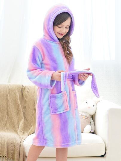 少女亮紫色竖条纹家居服浴袍