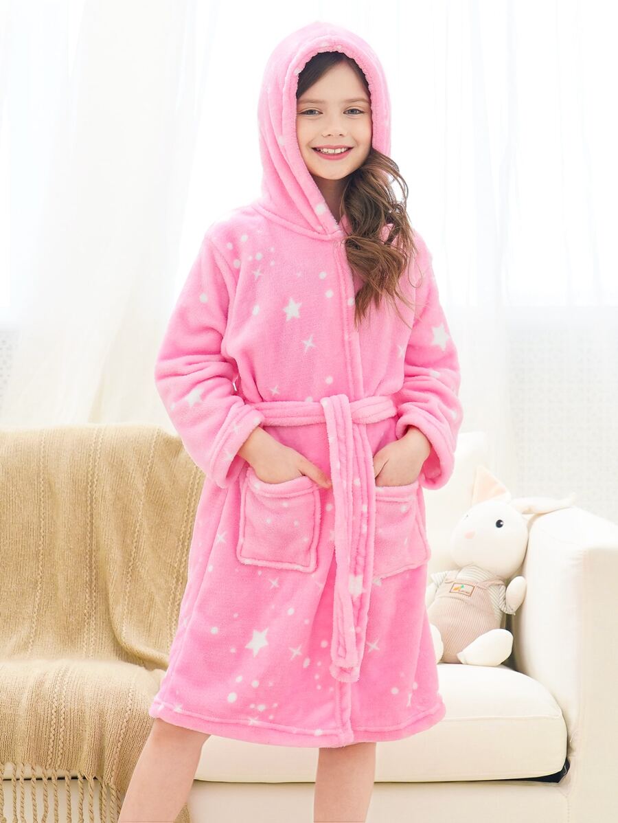 Bata de franela con capucha, cinturón y estampado de estrellas para niña preadolescente - Rosa - Ver 1