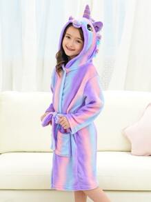 Toddler Girls Tie Dye 3D Ear Hooded Belted Flannel Robe - Multicolor - View 3