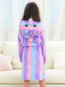 Toddler Girls Tie Dye 3D Ear Hooded Belted Flannel Robe - Multicolor - View 2