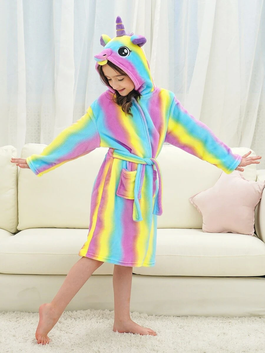 Toddler Girls Tie Dye 3D Ear Hooded Belted Flannel Robe - Multicolor - View 1