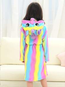 Toddler Girls Tie Dye 3D Ear Hooded Belted Flannel Robe - Multicolor - View 2