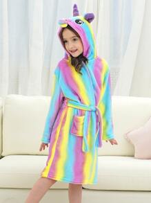 Toddler Girls Tie Dye 3D Ear Hooded Belted Flannel Robe - Multicolor - View 3