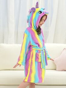 Toddler Girls Tie Dye 3D Ear Hooded Belted Flannel Robe - Multicolor - View 4