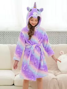 Young Girls' Bright Purple Starry Unicorn Bathrobe - Multicolor - View 3