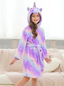 Young Girls' Bright Purple Starry Unicorn Bathrobe - Multicolor - View 4