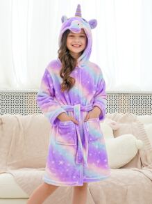 Young Girls' Bright Purple Starry Unicorn Bathrobe - Multicolor - View 5