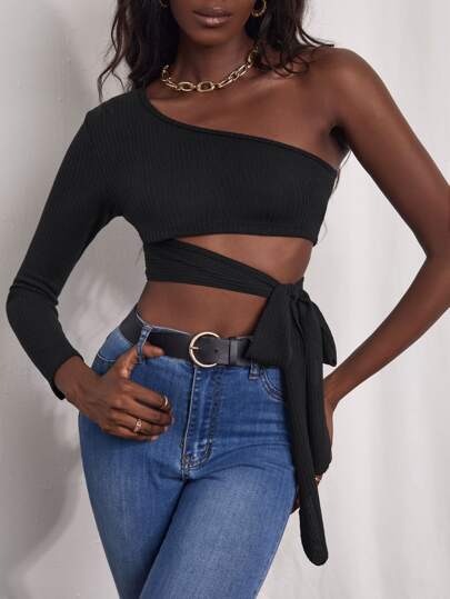 One Shoulder Knot Side Crop Top