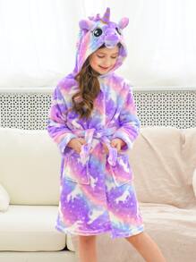 Toddler Girls 3D-ear Belted Dual Pocket Unicorn & Star Print Lounge Robe - Multicolor - View 1