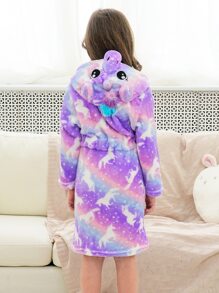 Toddler Girls 3D-ear Belted Dual Pocket Unicorn & Star Print Lounge Robe - Multicolor - View 2