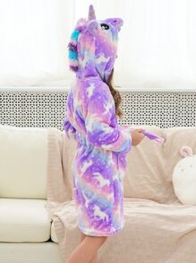 Toddler Girls 3D-ear Belted Dual Pocket Unicorn & Star Print Lounge Robe - Multicolor - View 4