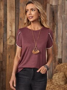 EMERY ROSE 拼接蕾絲邊花瓣袖T恤 - 紫紅色 - 查看 1