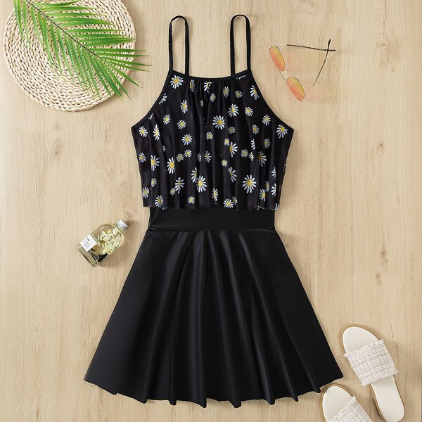 

Daisy Floral Print One Piece Swimsuit, Black