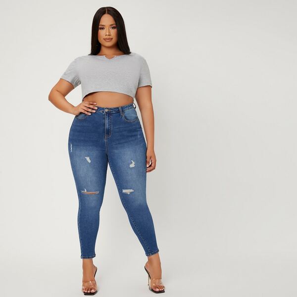 

Plus High Waist Ripped Frayed Skinny Jeans, Medium wash