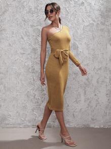 SHEIN BAE Đầm Thắt lưng màu trơn Thanh lịch - Màu Mù tạt vàng - Xem 1