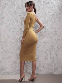 SHEIN BAE Đầm Thắt lưng màu trơn Thanh lịch - Màu Mù tạt vàng - Xem 2