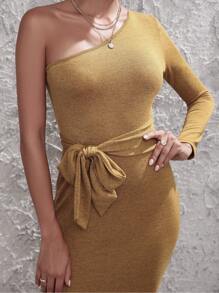 SHEIN BAE Đầm Thắt lưng màu trơn Thanh lịch - Màu Mù tạt vàng - Xem 3