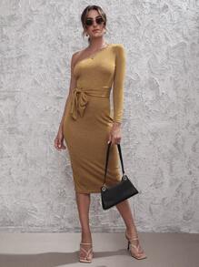 SHEIN BAE Đầm Thắt lưng màu trơn Thanh lịch - Màu Mù tạt vàng - Xem 4