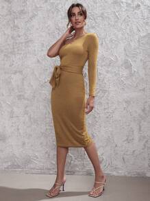 SHEIN BAE Đầm Thắt lưng màu trơn Thanh lịch - Màu Mù tạt vàng - Xem 5