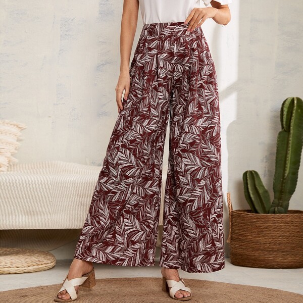 

Allover Leaf Print Wide Leg Elastic Waist Pants, Multicolor