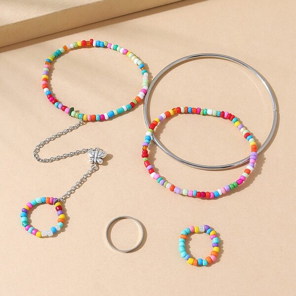 

Butterfly Decor Beaded Bracelet With Ring & 2pcs Ring & 2pcs Bracelet, Multicolor