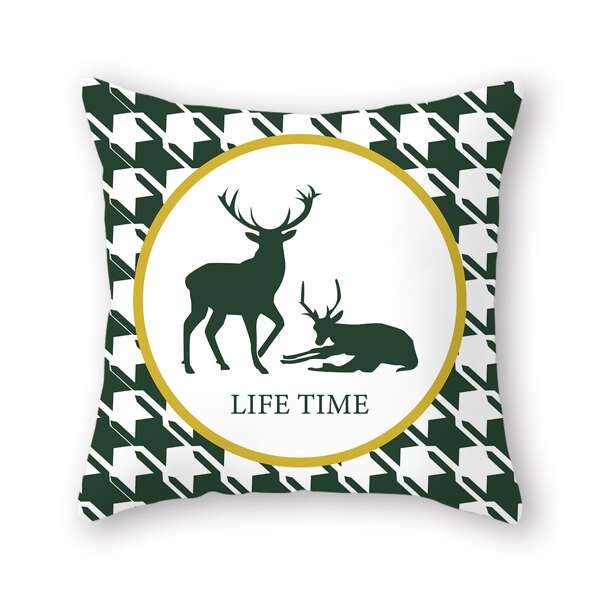 

Deer & Houndstooth Pattern Cushion Cover Without Filler, Green