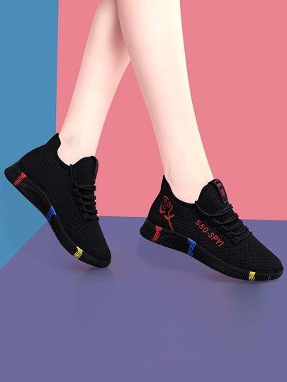 Women Rose & Letter Graphic Slip On Running Shoes Fit Gym