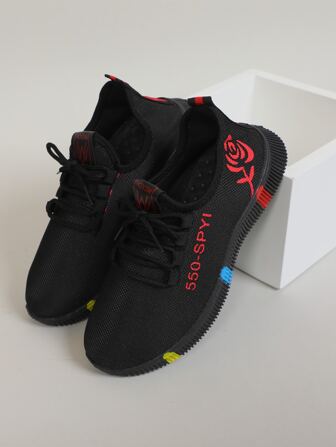 Zapatillas de running de slip-on con gráfico de rosa y letras, aptas para gimnasio, para mujeres