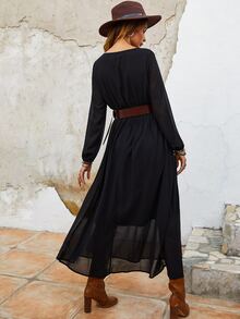 Rusttydustty Bohemian Style Solid Color Embroidered Loose Casual Comfortable Women Long Sleeve Dress - Black - View 3
