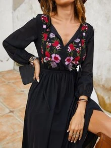 Rusttydustty Bohemian Style Solid Color Embroidered Loose Casual Comfortable Women Long Sleeve Dress - Black - View 5