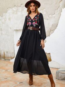 Rusttydustty Bohemian Style Solid Color Embroidered Loose Casual Comfortable Women Long Sleeve Dress - Black - View 4