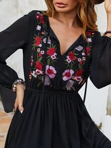 Rusttydustty Bohemian Style Solid Color Embroidered Loose Casual Comfortable Women Long Sleeve Dress - Black - View 6