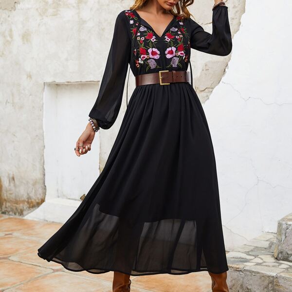 

Floral Embroidery Lantern Sleeve Dress Without Belt, Black