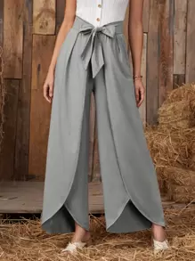 EMERY ROSE Asymmetrical Hem Knot Front Wide Leg Trousers - Grey - View 1