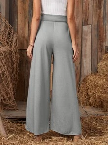 EMERY ROSE Asymmetrical Hem Knot Front Wide Leg Trousers - Grey - View 2