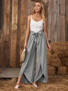 EMERY ROSE Asymmetrical Hem Knot Front Wide Leg Trousers - Grey - View 5