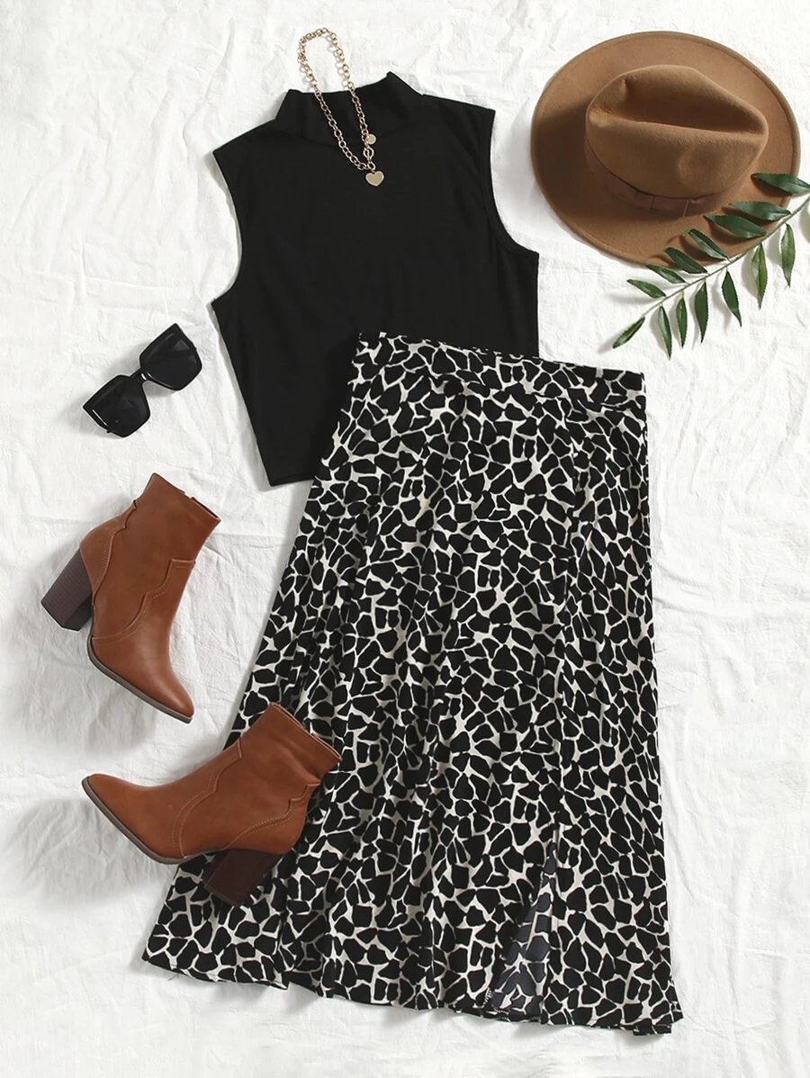 SHEIN LUNE Solid Mock Neck Tank Top & Allover Print Skirt - Black - View 1